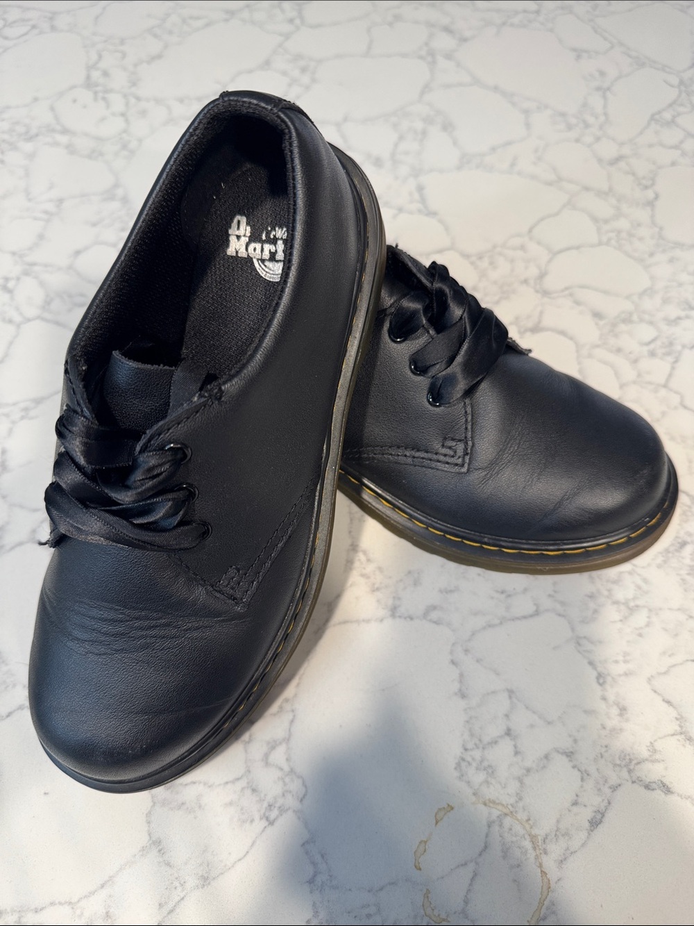 Dr. Martens Kids Black Leather Lace-Up Shoes with Yellow Stitching